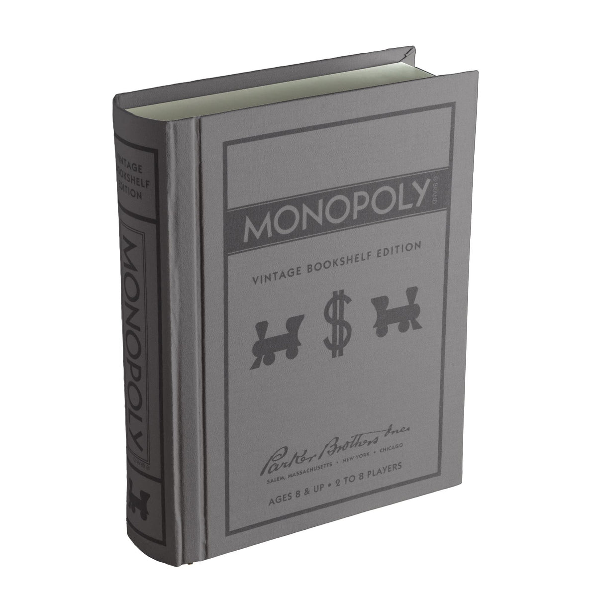 WS Game Company Monopoly Vintage Bookshelf Edition box on a shelf, elegant display and space saver