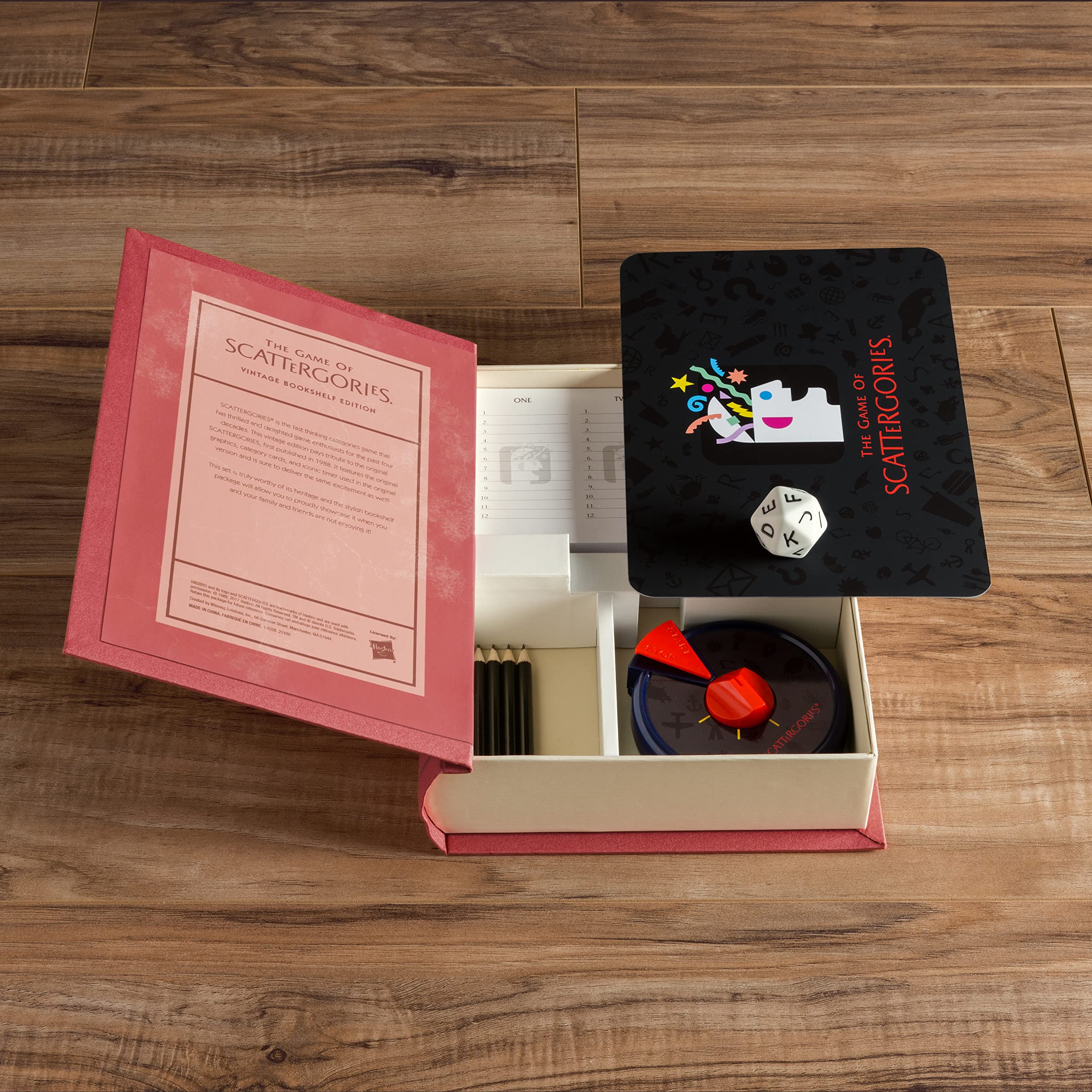 WS Game Company Scattergories contents with category cards and a die for quick setup