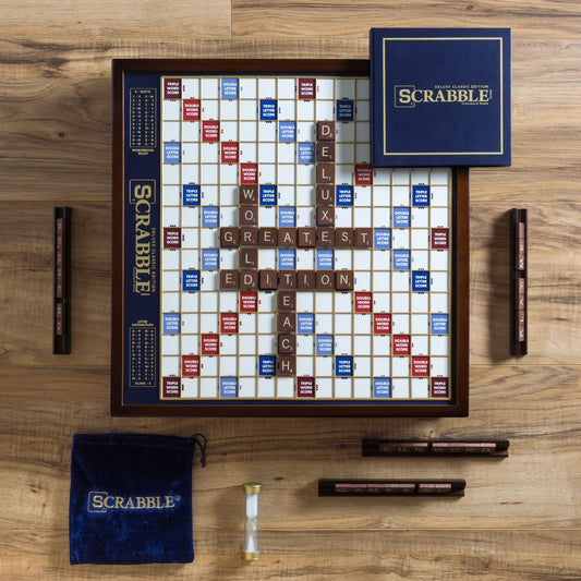 WS Game Company Scrabble Deluxe mahogany cabinet offers premium storage and presentation