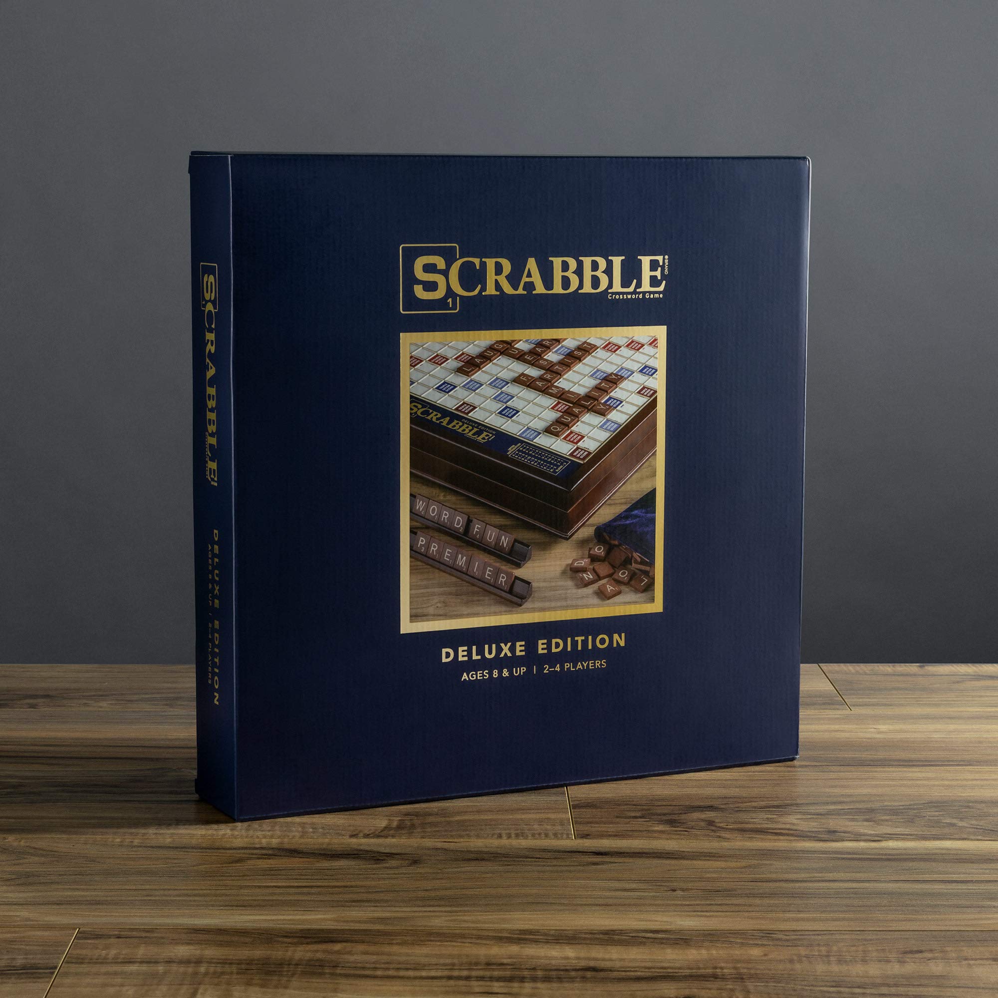WS Game Company Scrabble Deluxe wooden tiles and racks in mahogany finish for a premium setup