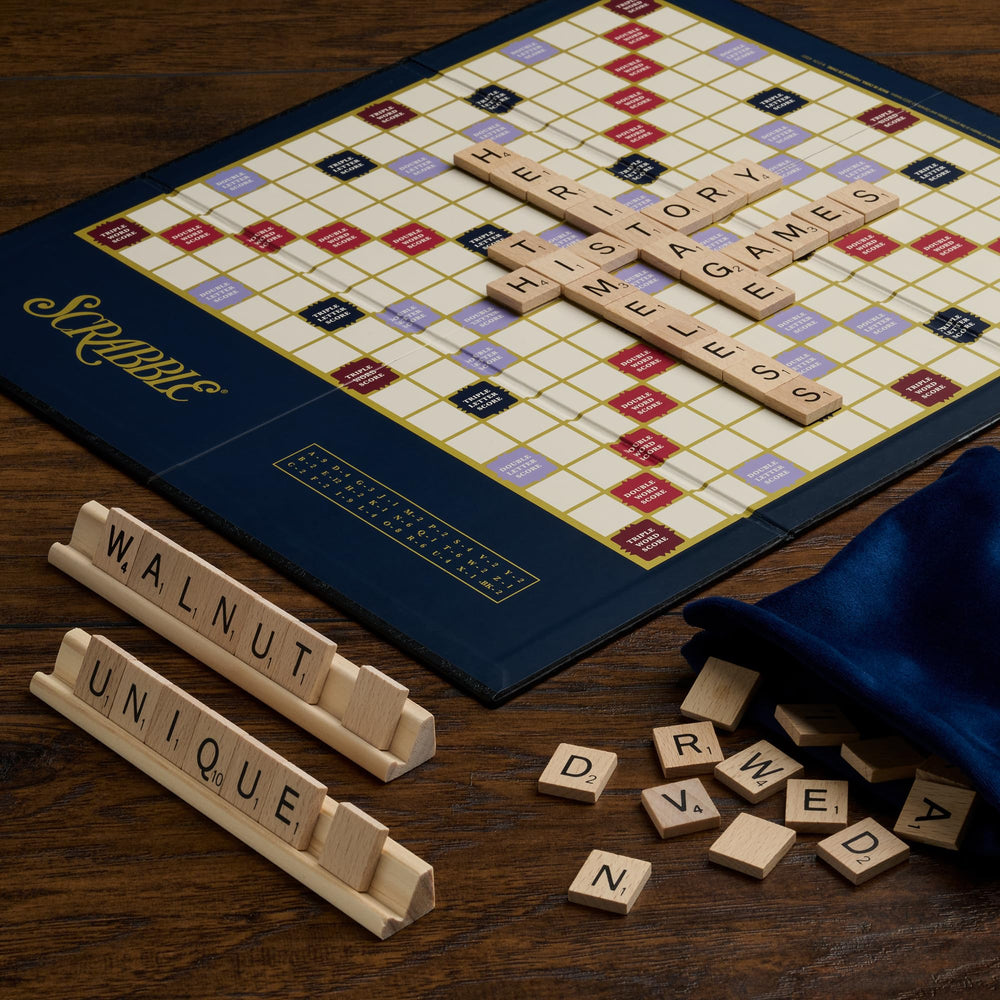 WS Game Company Scrabble Heritage Edition fabric tile pouch protects tiles for travel.