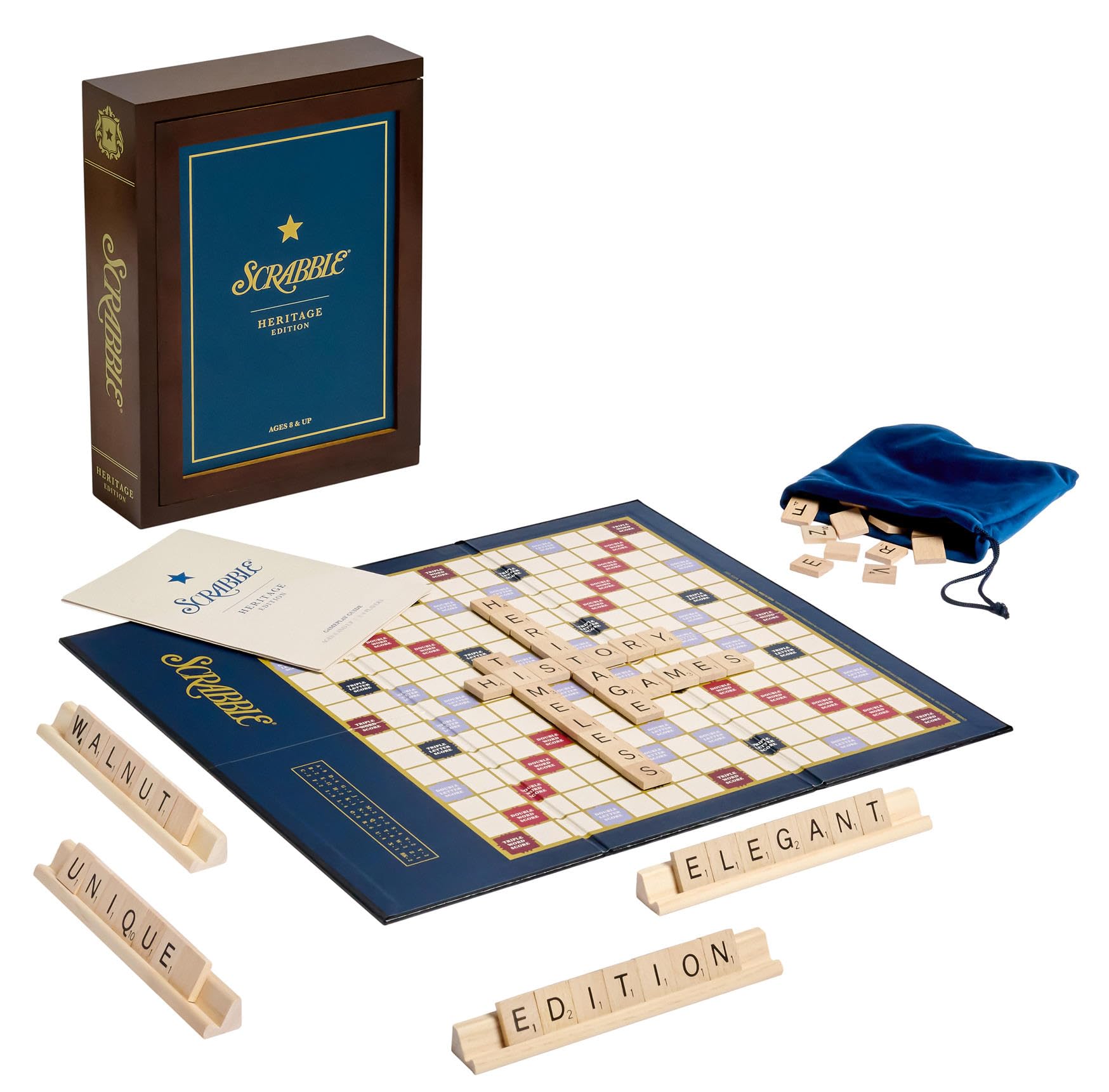 WS Game Company Scrabble Heritage Edition walnut storage book keeps the game neatly on your shelf.