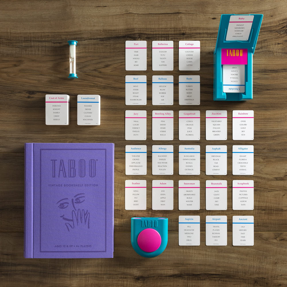 WS Game Company Taboo Vintage Bookshelf Edition buzzer enhances fast-paced clue play.