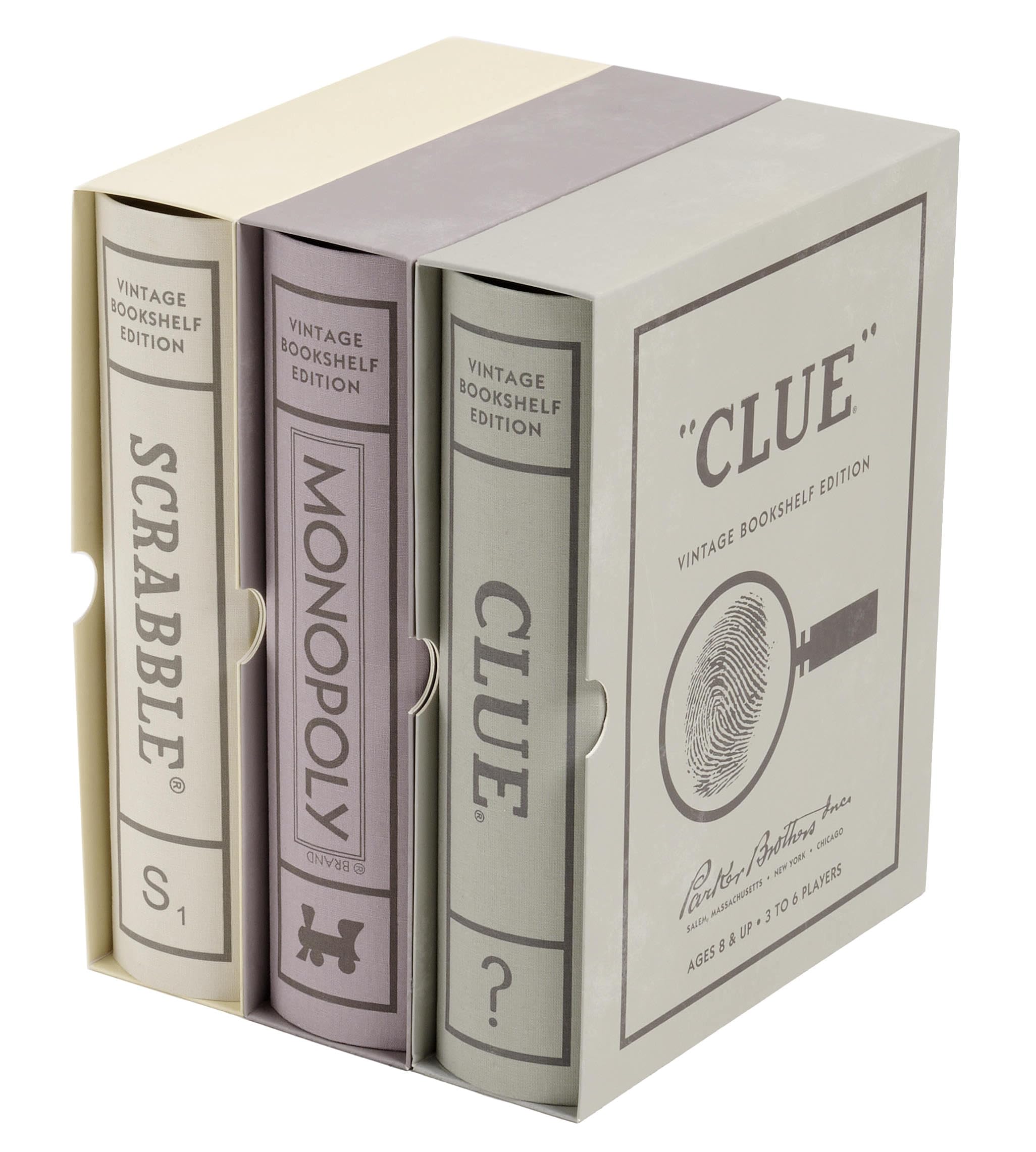 WS Game Company vintage Scrabble board in a book-style cabinet for elegant game nights.