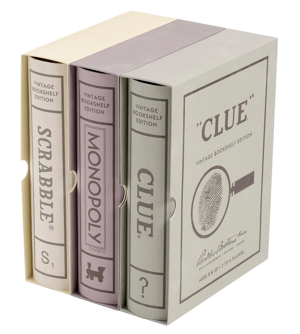 WS Game Company vintage Scrabble board in a book-style cabinet for elegant game nights.