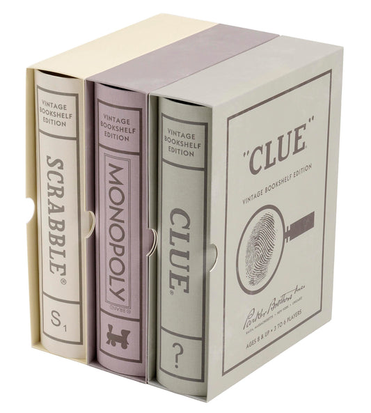 WS Game Company vintage Scrabble board in a book-style cabinet for elegant game nights.