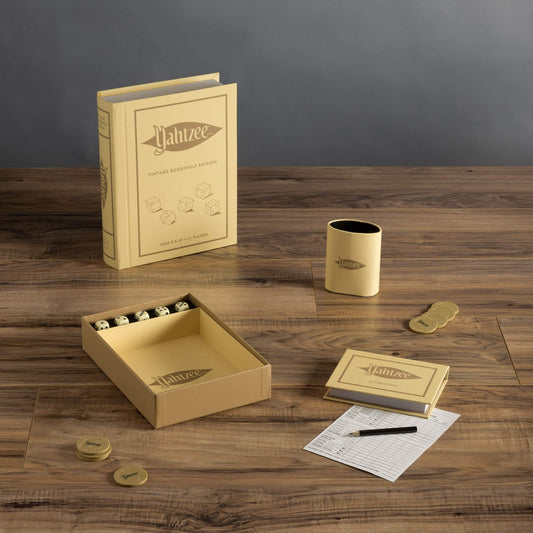 WS Game Company Yahtzee Vintage Bookshelf Edition deluxe rolling tray enables smooth gameplay.