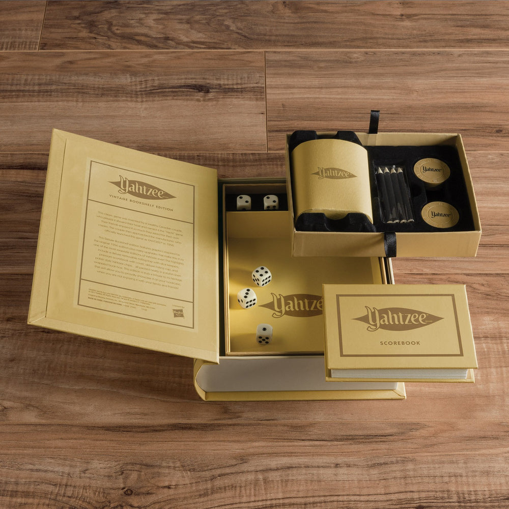 WS Game Company Yahtzee Vintage Bookshelf Edition heavyweight chips add tactile heft.