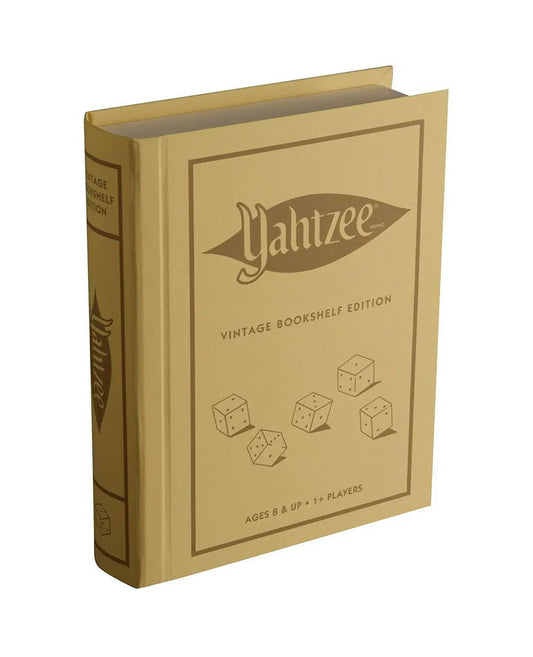 WS Game Company Yahtzee Vintage Bookshelf Edition linen-wrapped case enhances display and play.