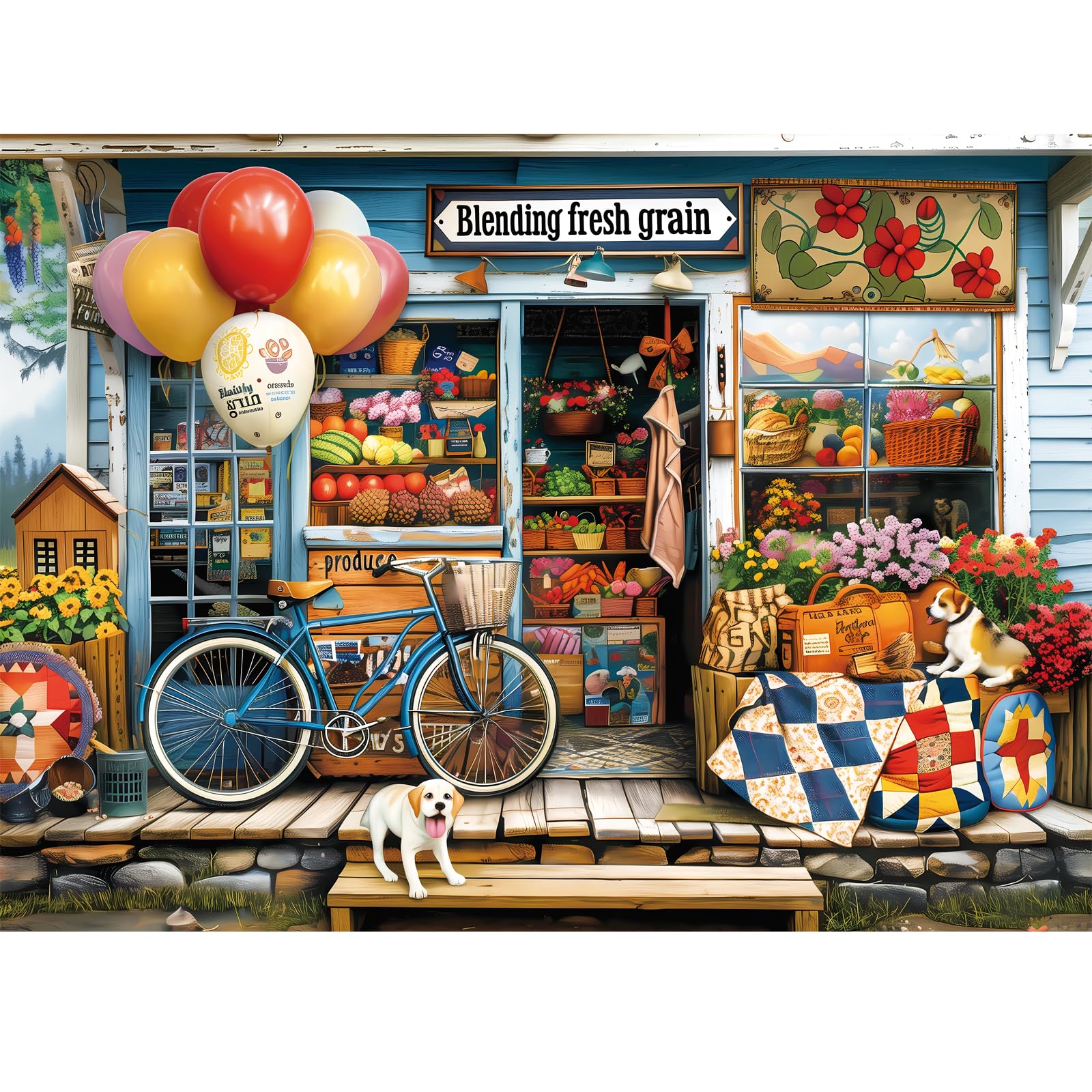WSCXSC 300-piece puzzle of a fruit store scene with bicycle.
