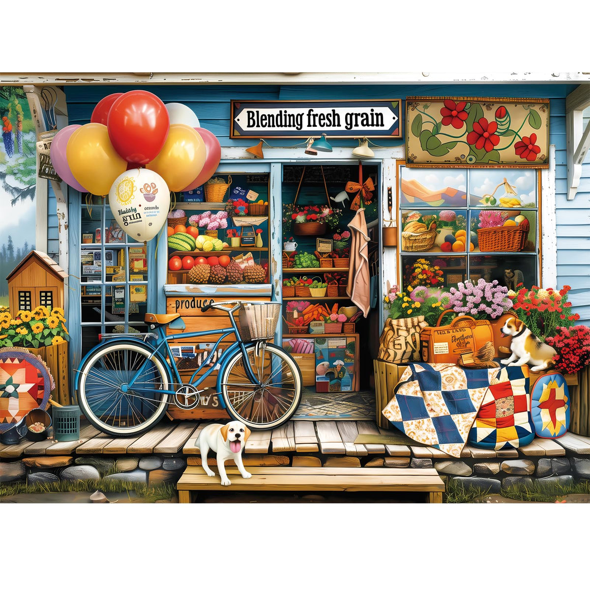 WSCXSC 300-piece puzzle of a fruit store scene with bicycle.