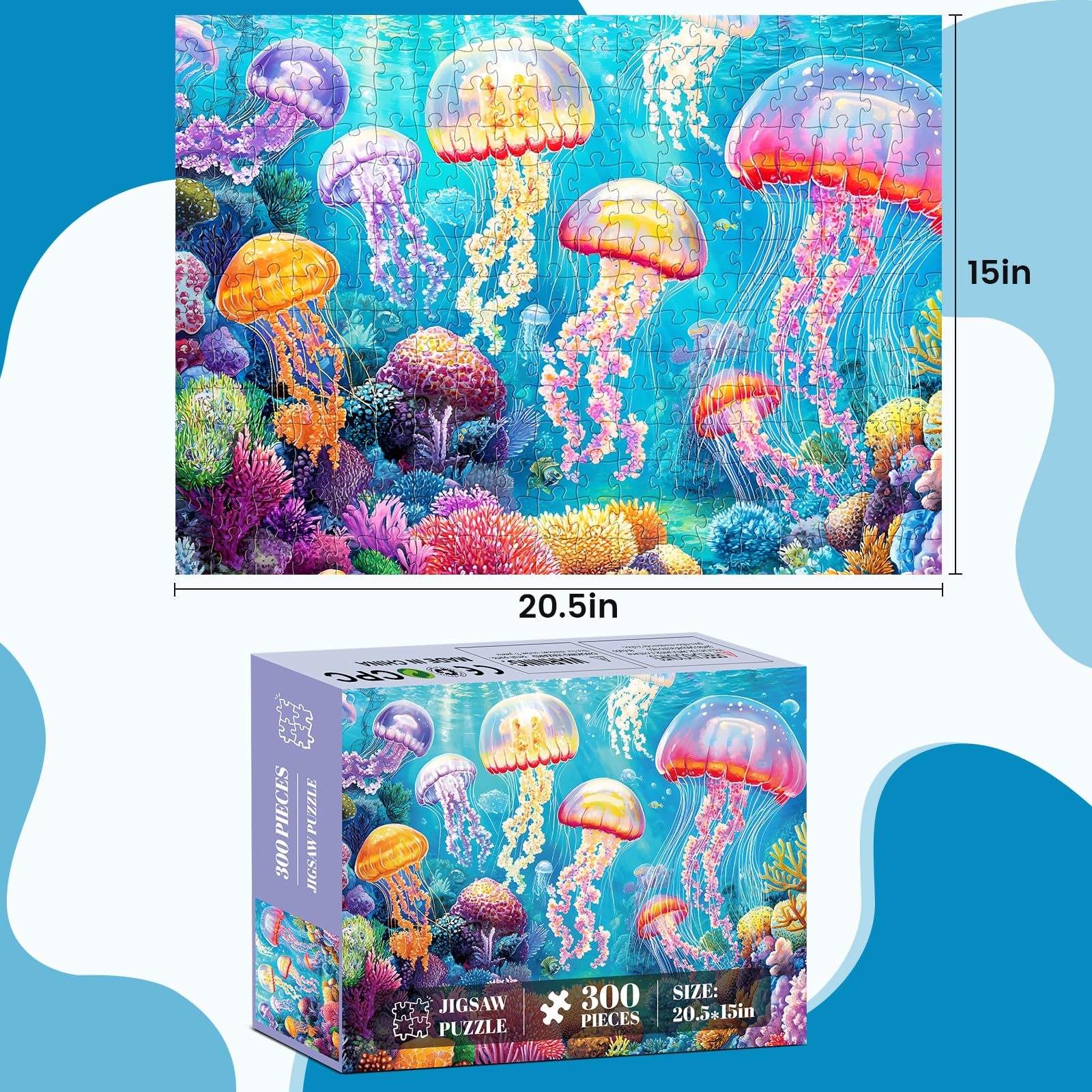 WSCXSC 300-piece puzzle close-up reveals vibrant jellyfish imagery and crisp printing.
