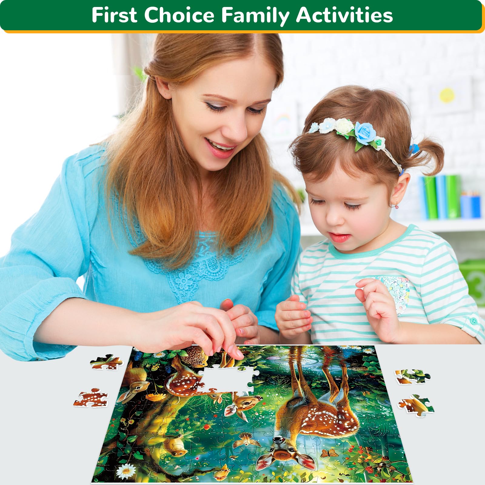 WSCXSC two deer in a sunlit forest scene puzzle artwork for kids