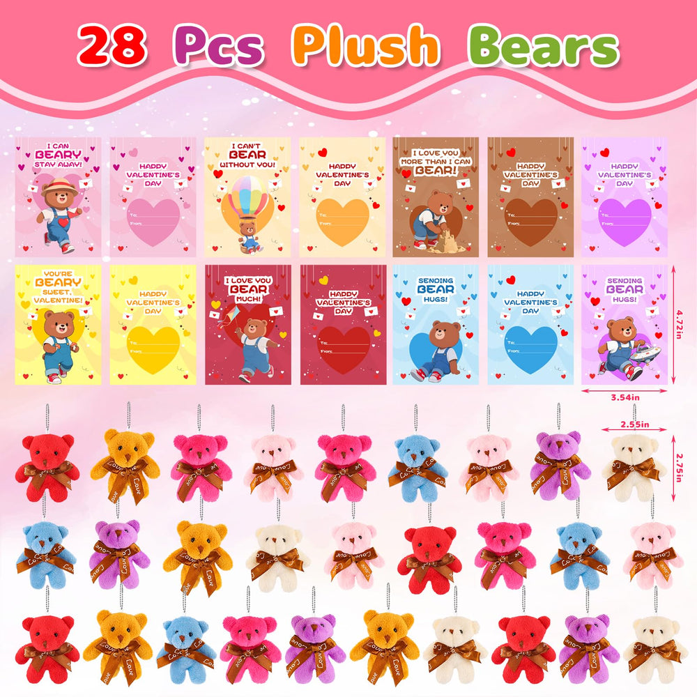 Wsorik 28-pack Valentine cards pair with plush bears for classroom exchanges.