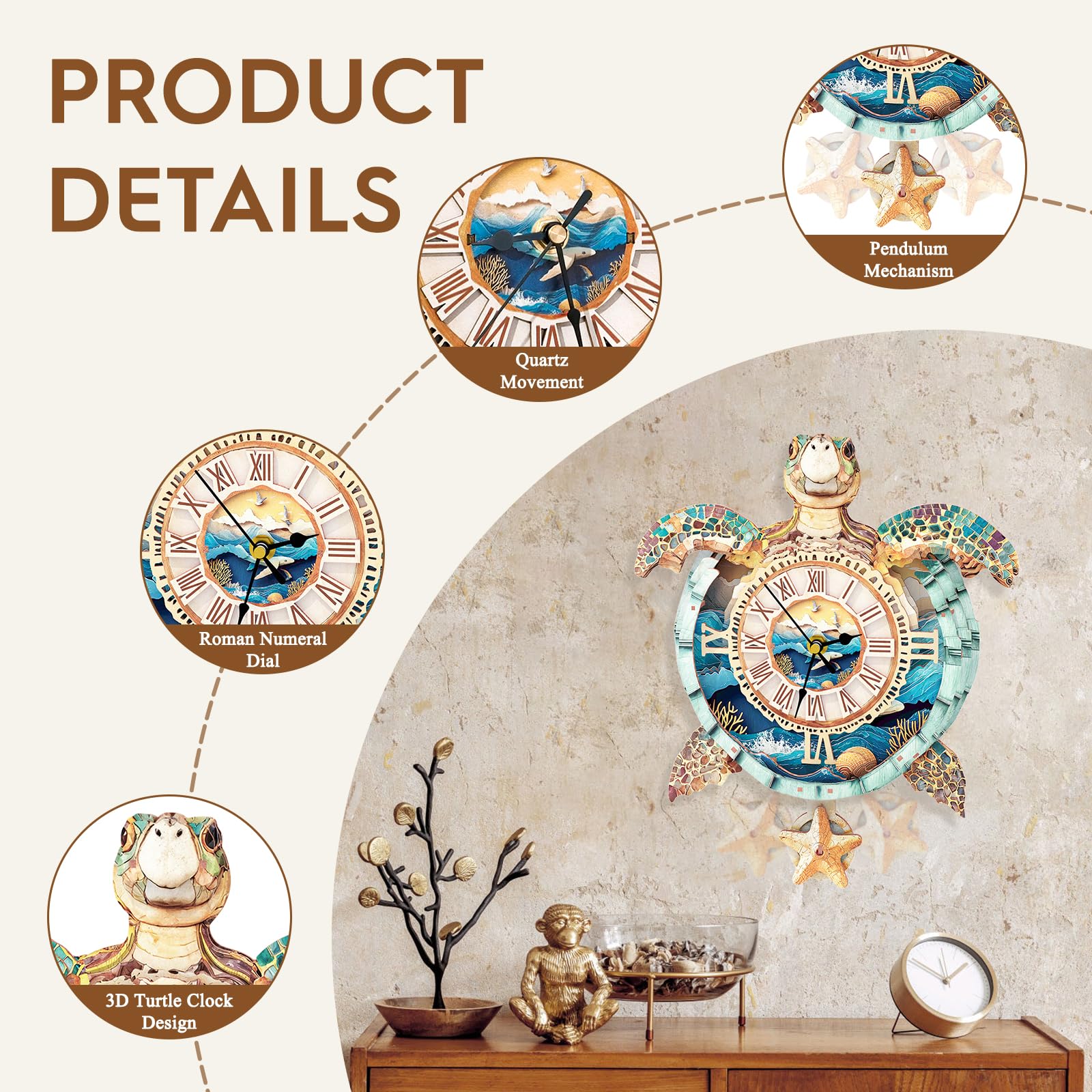 Wudhank sea turtle clock puzzle dial with Roman numerals for classic timekeeping.