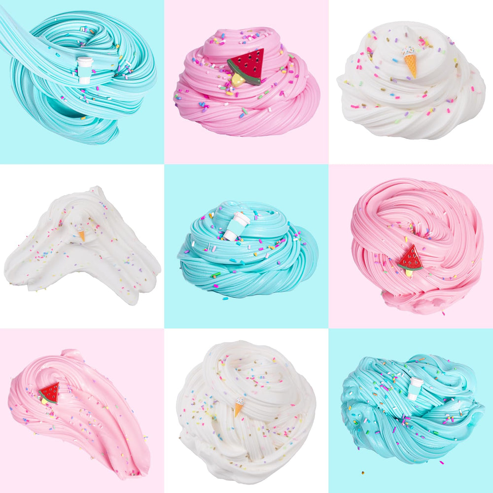 WUHUANIU scented slime kit jar close up – clear jars show cheerful colors.