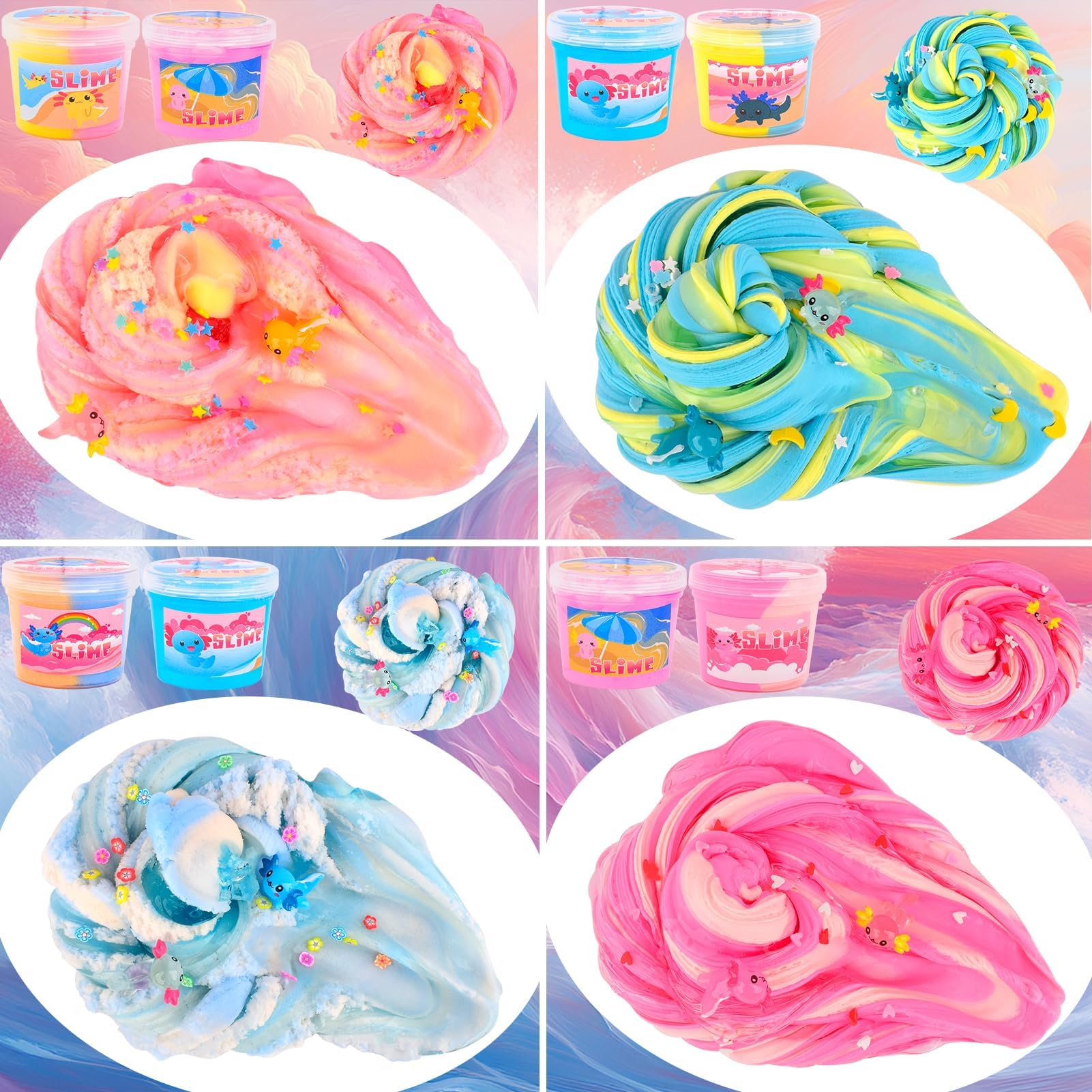 WUJYLY axolotl slime kit packaging with six containers for easy storage.