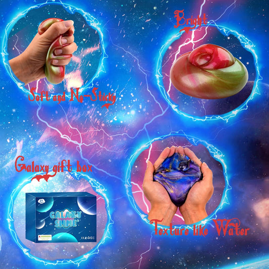 WUJYLY Galaxy Slime Kit close-up shows soft, non-sticky texture for mess-free play.
