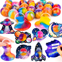 WUJYLY galaxy slime balls paired with Valentine cards, perfect for classroom exchanges.