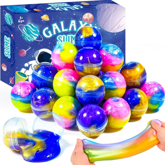 WUJYLY Valentines Galaxy Slime Balls with cosmic swirls for sensory play and party favors.