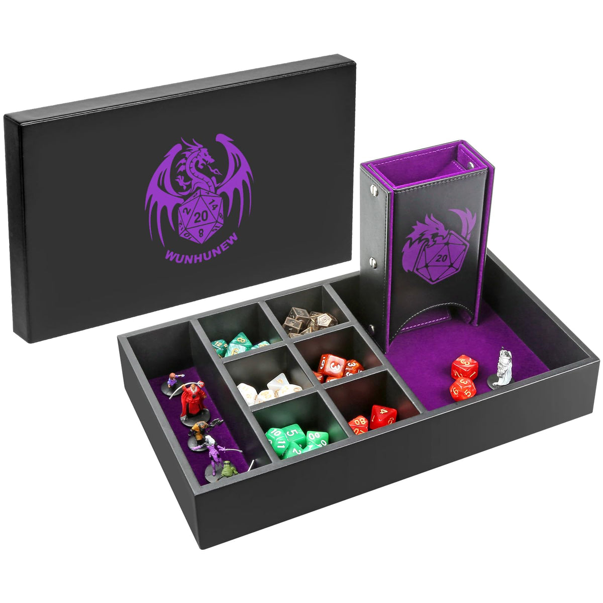 Wunhunew DND dice-tray-tower-four-in-one: compact, portable RPG setup.