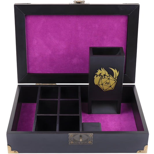 Wunhunew DND dice tray and tower wooden box, sturdy storage for dice and miniatures