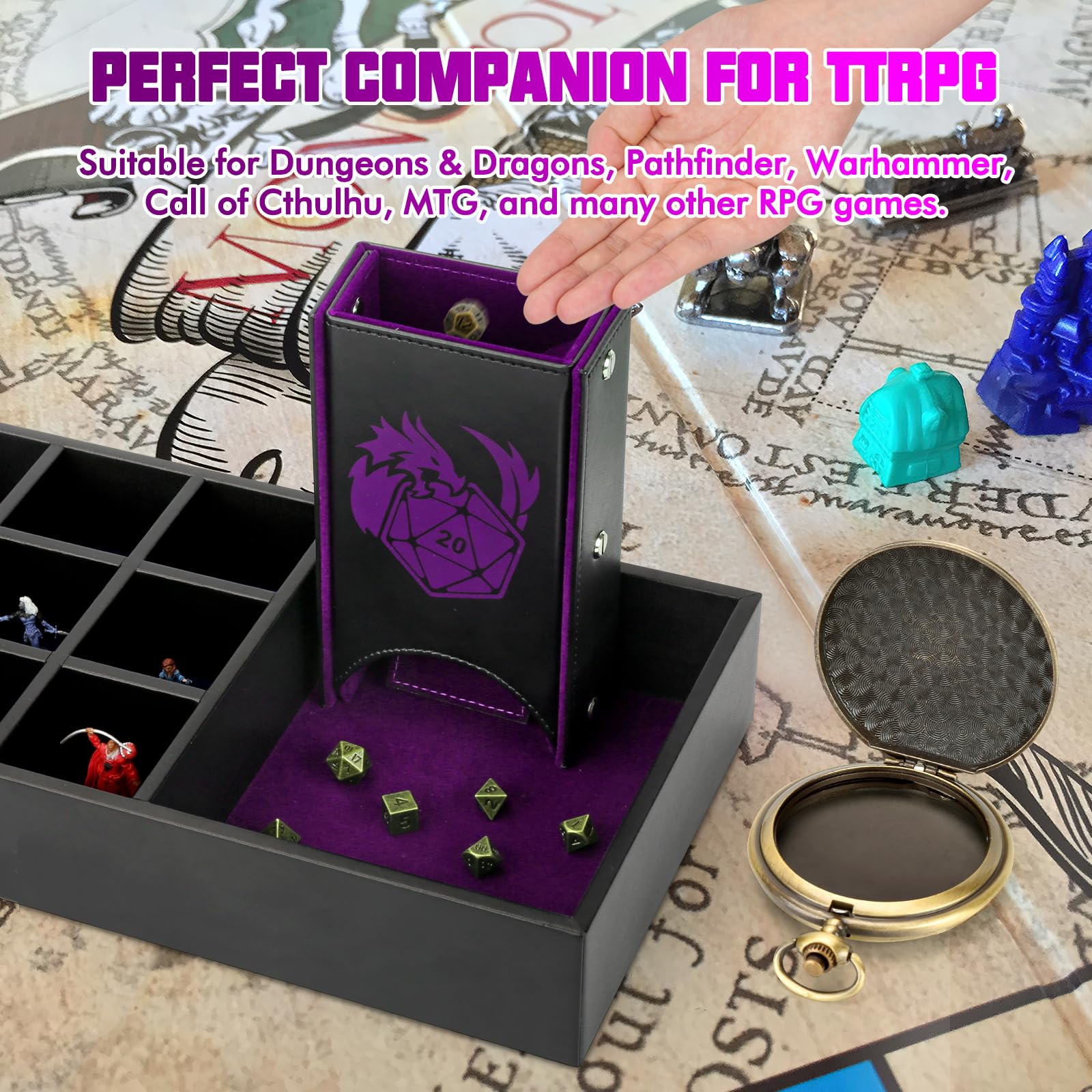 Wunhunew fantasy-dice-tower-steps-velvet: smooth, random dice drops.