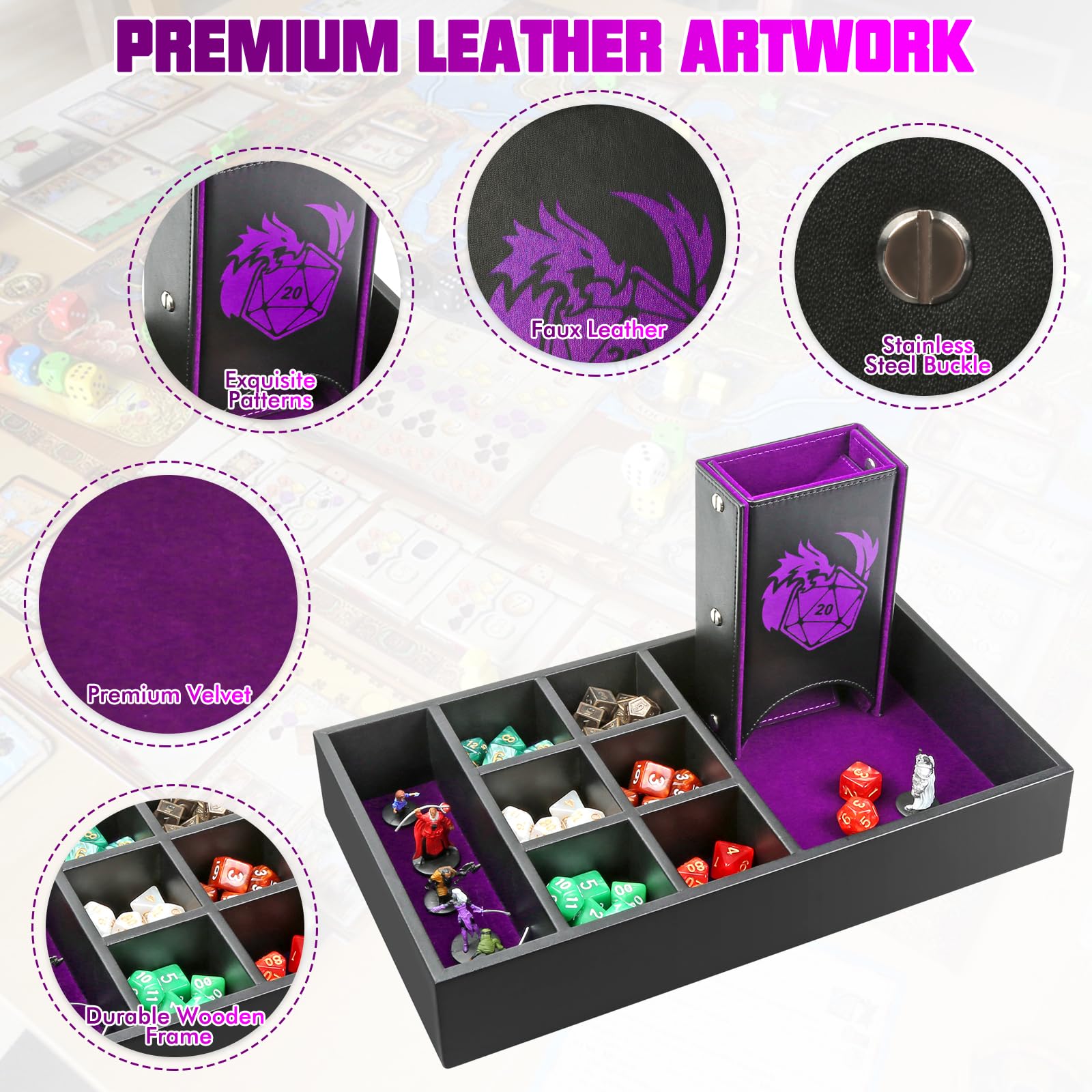Wunhunew premium-leather-artwork: elegant, durable dice box with velvet interior.