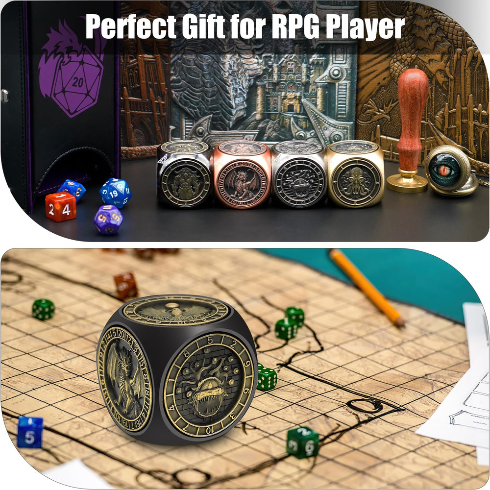 Wunhunew DND spinner dice copper finish on tabletop close-up