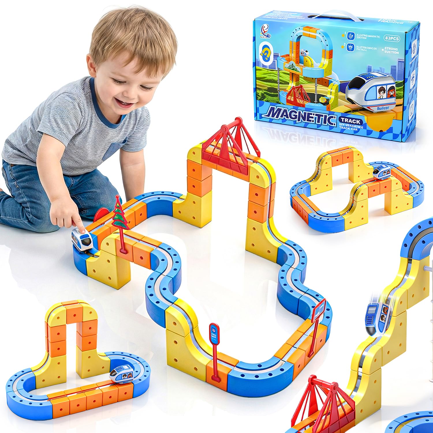 WUPIOS electric train set showing cubes and track assembly for imaginative play