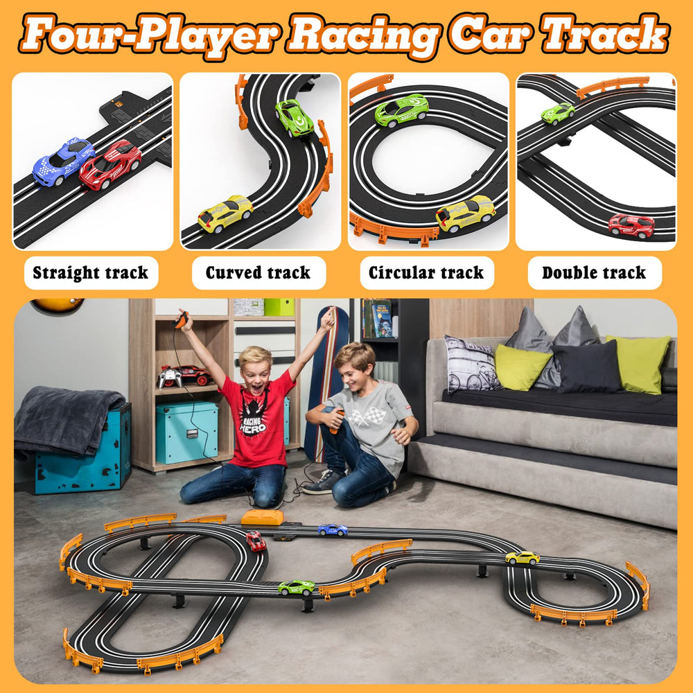Wupuaait slot car track with circular overpass for layered racing action.
