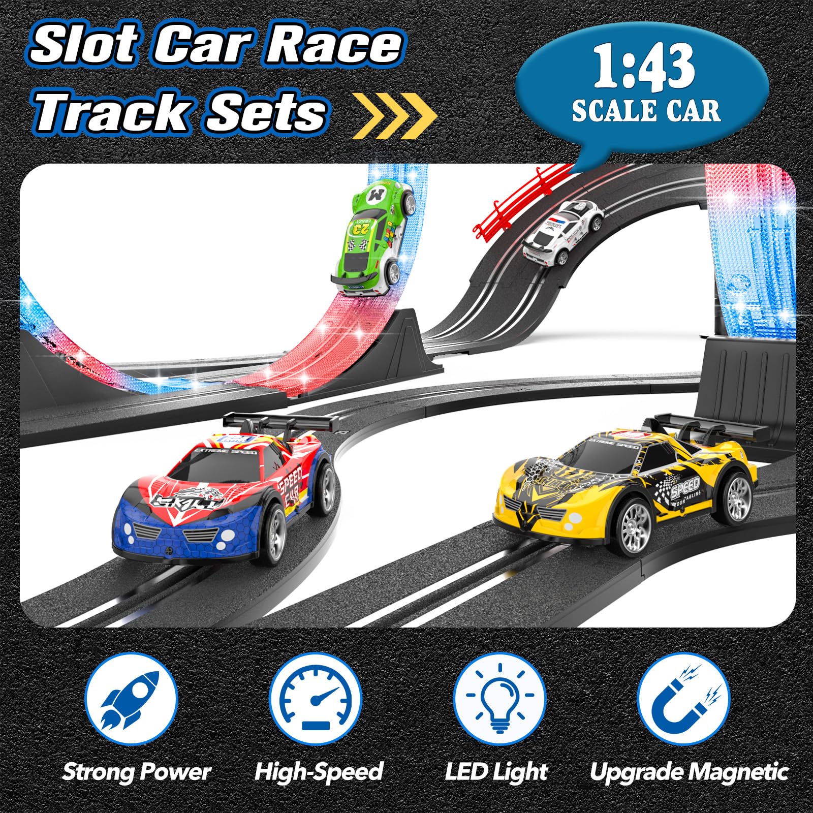 Wupuaait dual-lanes slot car track enabling two-player competition.