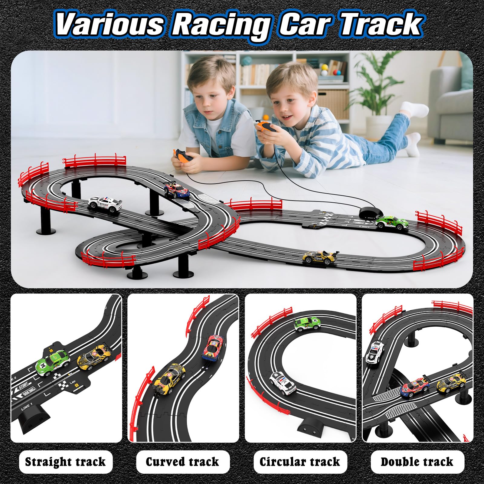 Wupuaait slot car track overpass feature with elevated racing action