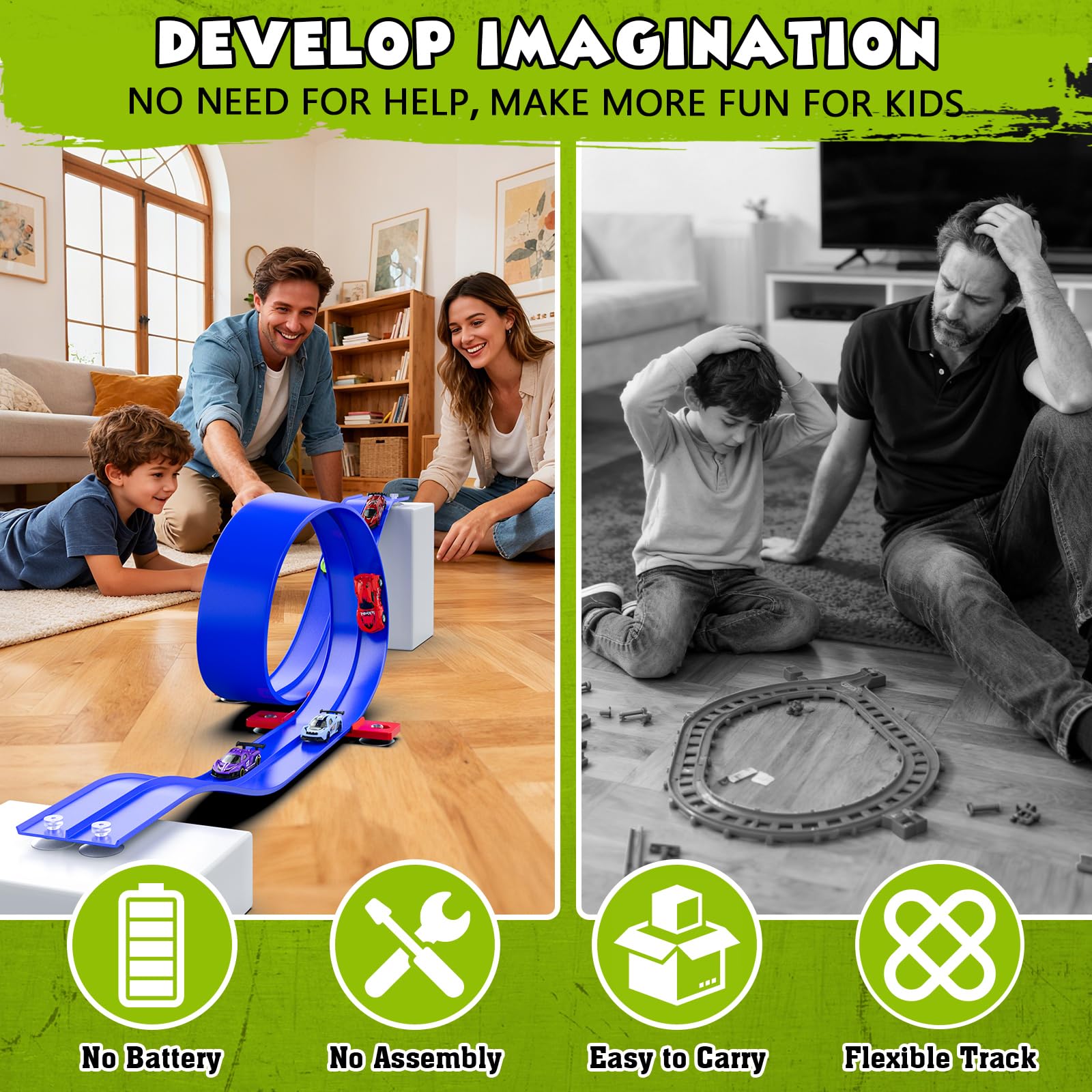 Powerful suction cups keep tracks steady on smooth surfaces.