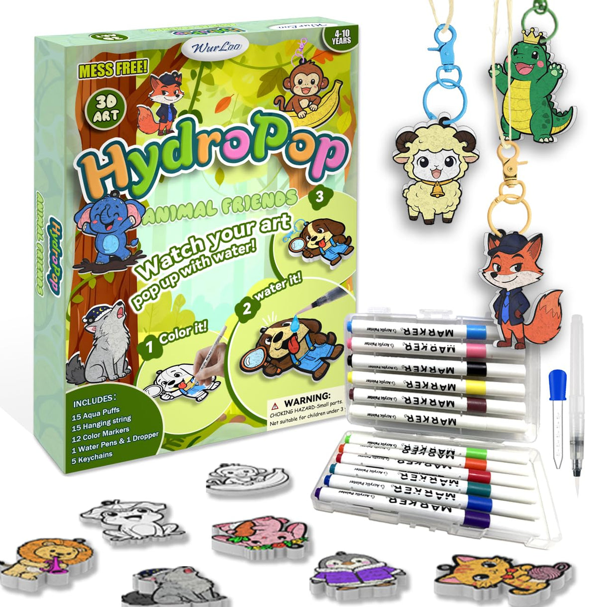 WurLoo Aqua Puffs 3D Animals kit box invites quick, mess-free creativity for kids.