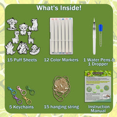 All-in-one kit contents: colors, water pens, droppers, keychains for immediate play.