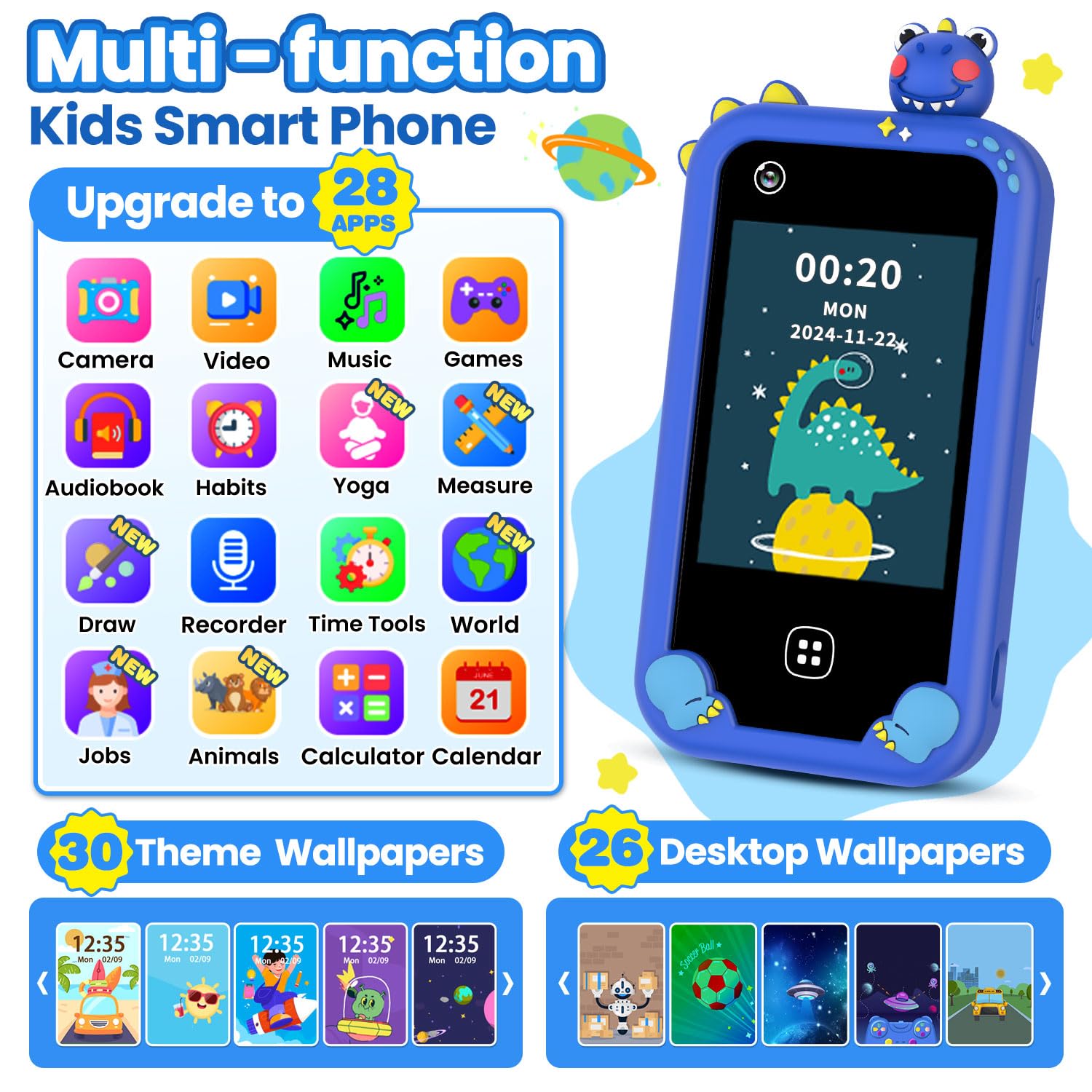 Wuszhor kids smart phone blue back view with durable design for daily use