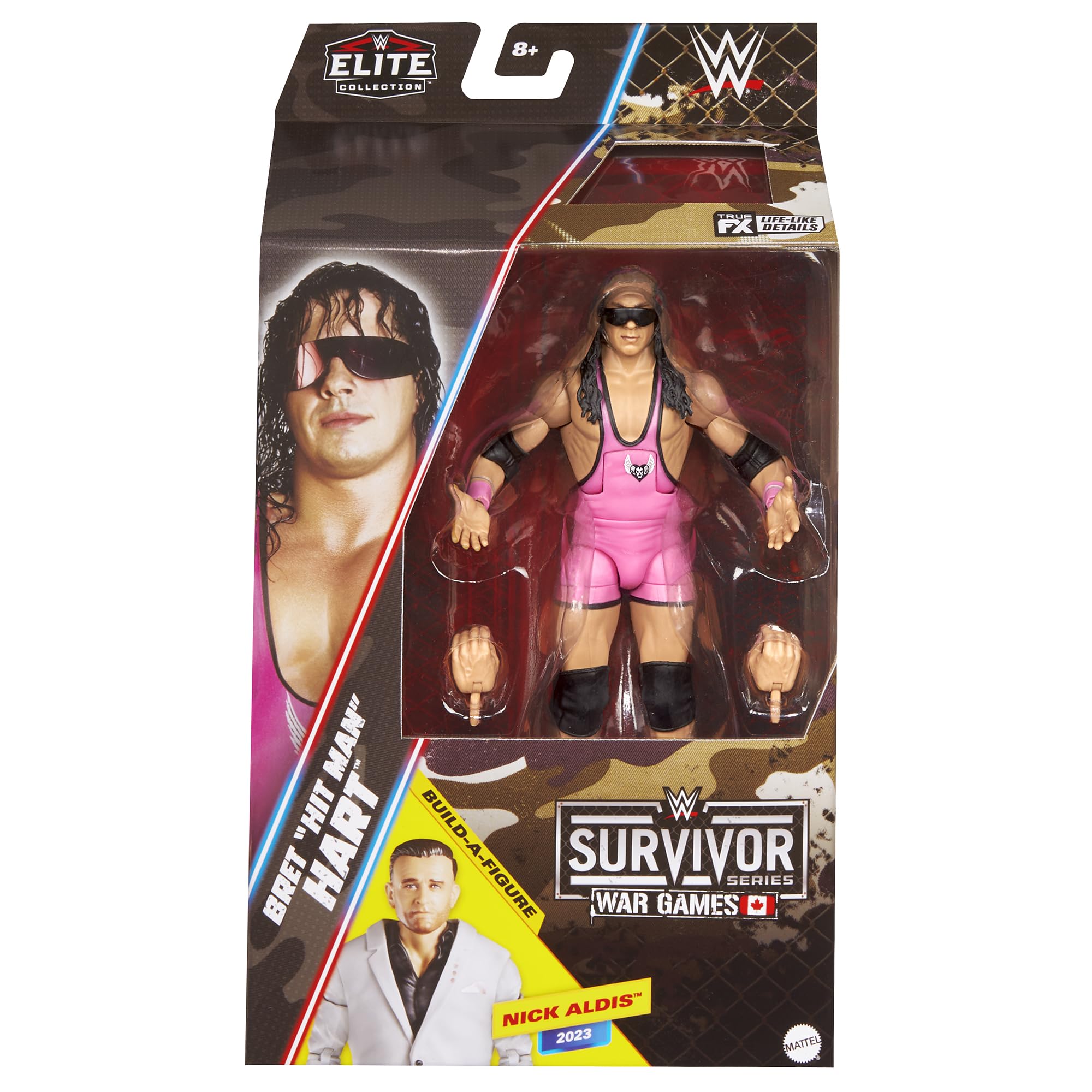 WWE Bret Hart Elite figure in pink singlet posed for display and play.
