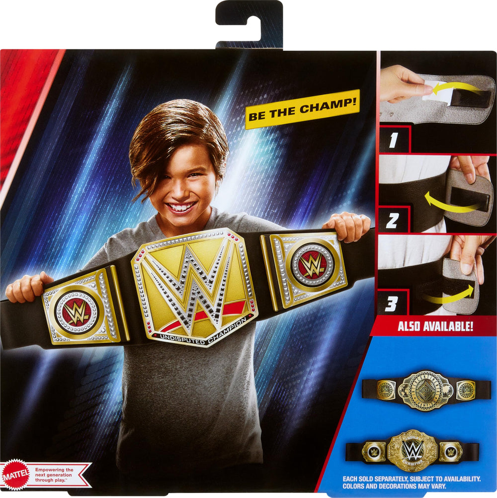 Decorative details of the WWE Championship Title belt with varying colors and embellishments.