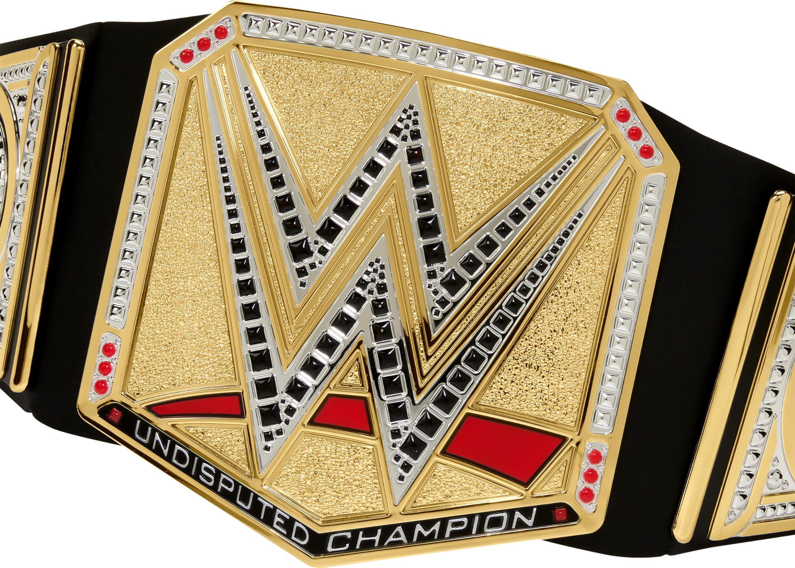 Close-up of the leather-like WWE Championship Title belt with detailed decorations.