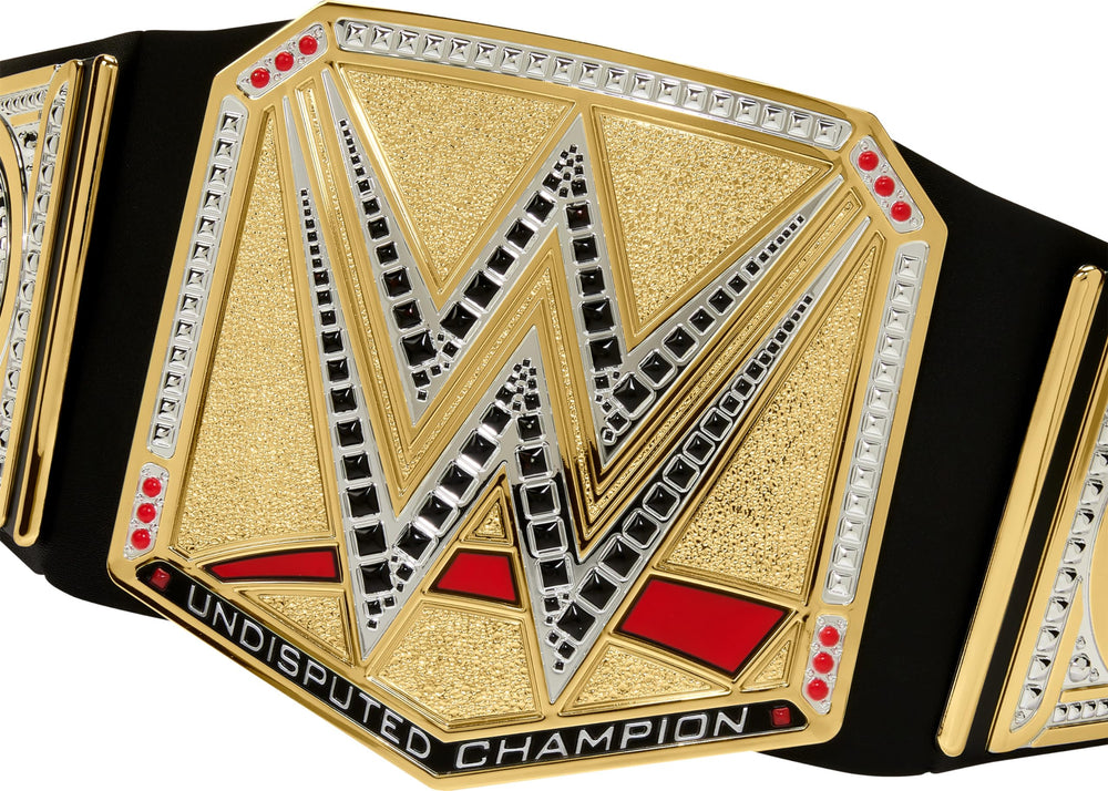 Close-up of the leather-like WWE Championship Title belt with detailed decorations.