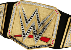 Close-up of the leather-like WWE Championship Title belt with detailed decorations.