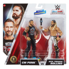 WWE CM Punk & Seth Rollins figures on display stand for stable posing