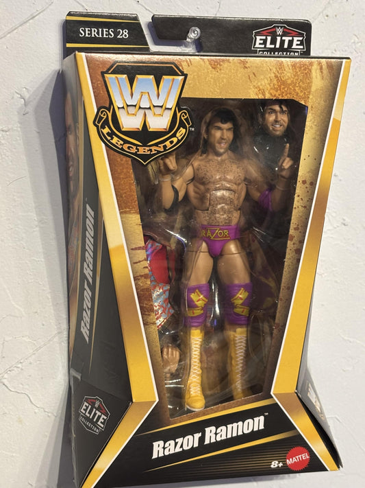 WWE Razor Ramon Elite Legends figure in dynamic pose with premium TrueFX detailing and accessories.