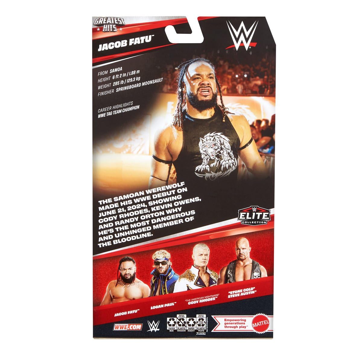 WWE Jacob Fatu Elite Greatest Hits 9 side view for shelf display