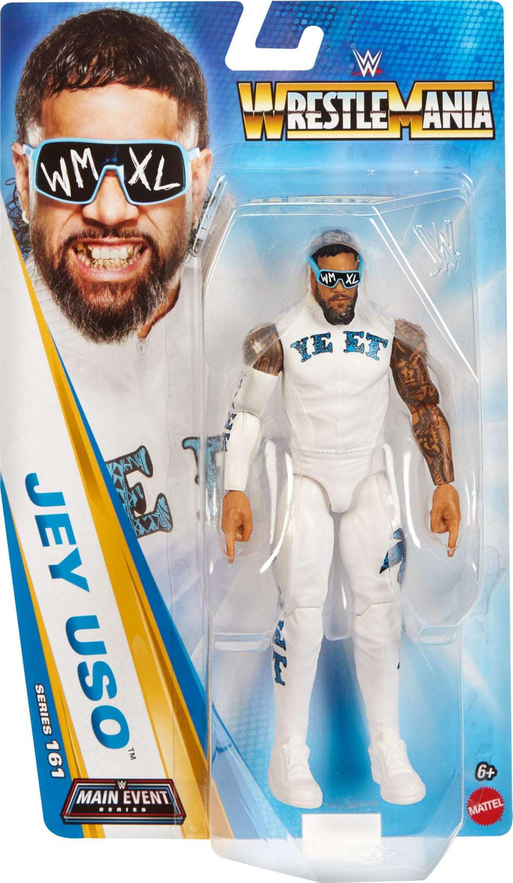 WWE Jey USO figure on a shelf ready for reenacting matches.