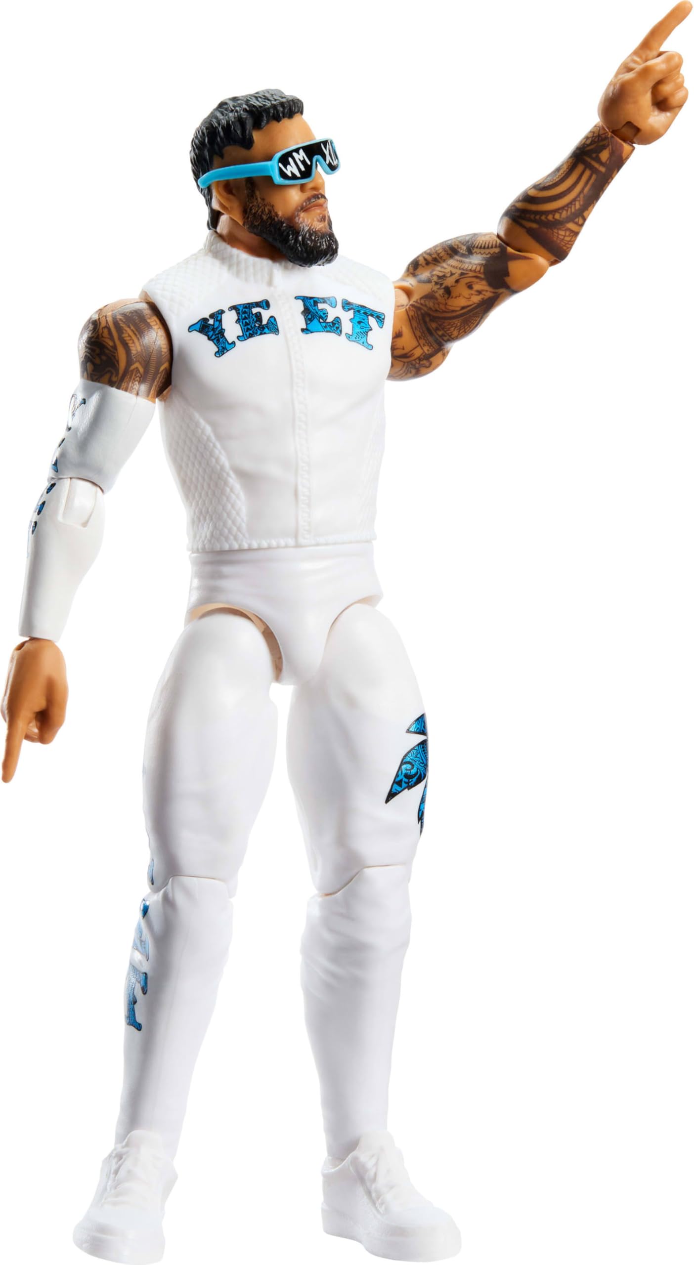 WWE Jey USO figure in posed stance highlights 14 articulation points for dynamic posing.