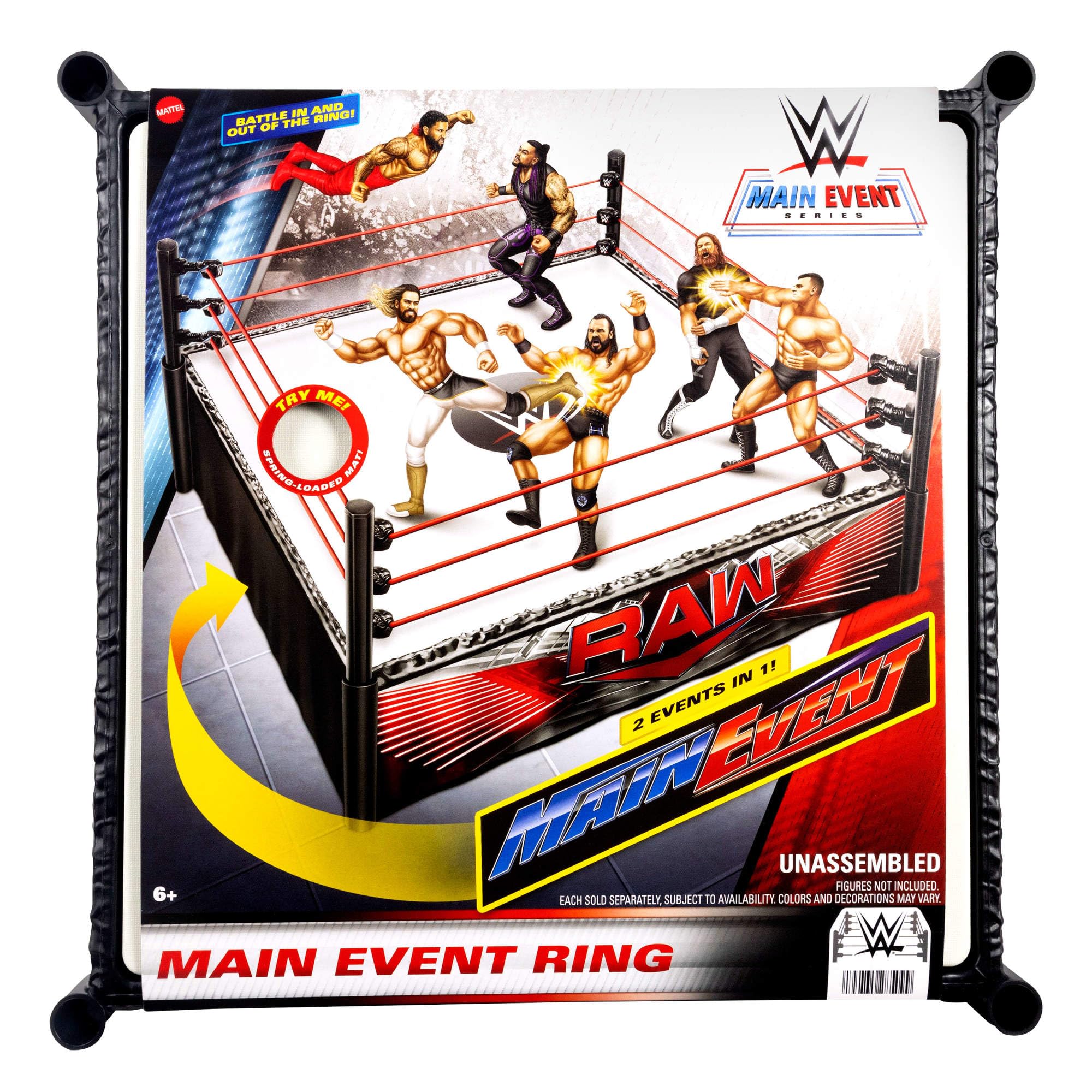 WWE Mattel spring-loaded ring mat adds buoyant action and dramatic pins.