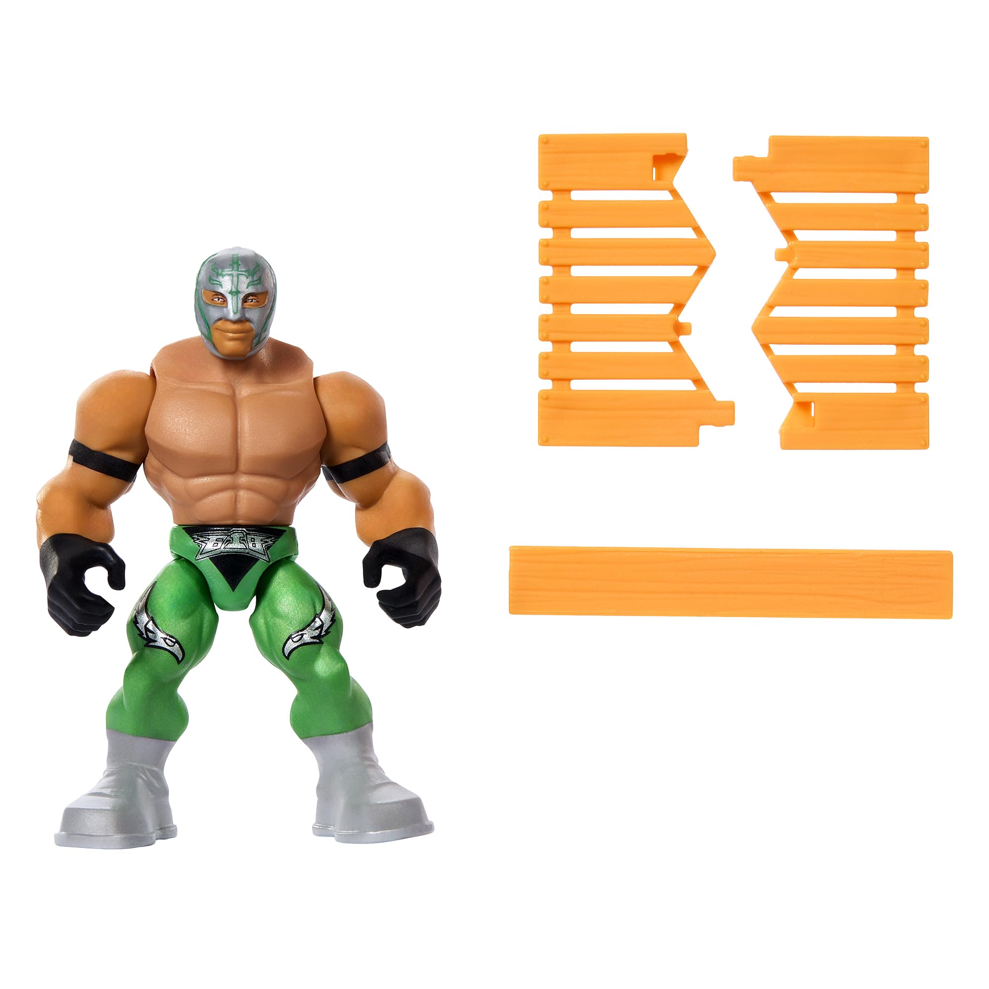 Front view of Rey Mysterio green Knuckle Crunchers figure ideal for dynamic posing