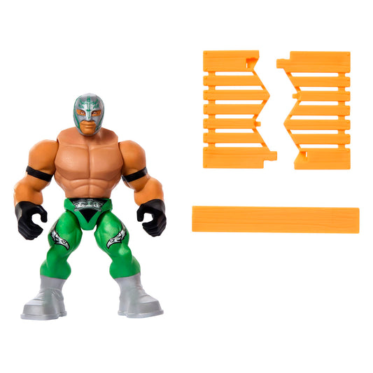 Front view of Rey Mysterio green Knuckle Crunchers figure ideal for dynamic posing